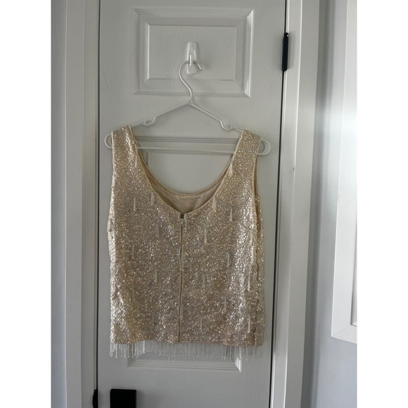 Vintage Tops - Vintage Wool Sequin Beaded Fringe Shell Top Cream Iridescent Small Flapper